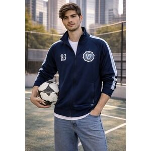 American Eagle Mens Navy‎ Blue Track Jacket Full Zip Striped Crest XL